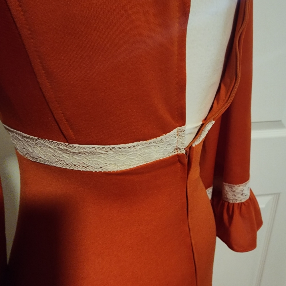 Vintage Rust & Cream Empire Wasit Prairie Lace Ruffle Bell Sleeved Dress - Picture 15 of 16